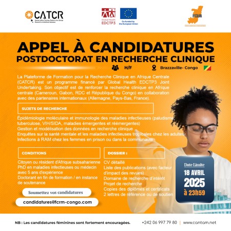 APPEL À CANDIDATURES – POSTDOCTORAT EN RECHERCHE CLINIQUE (CATCR) EN RÉPUBLIQUE DU CONGO
